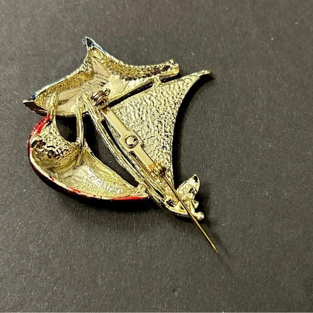 Vintage Nautical Sailboat Gold Toned Brooch in Red, White and Blue